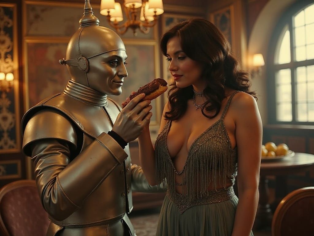 Tin Man Offers Eclair to 1920s Flapper in Cinematic Still