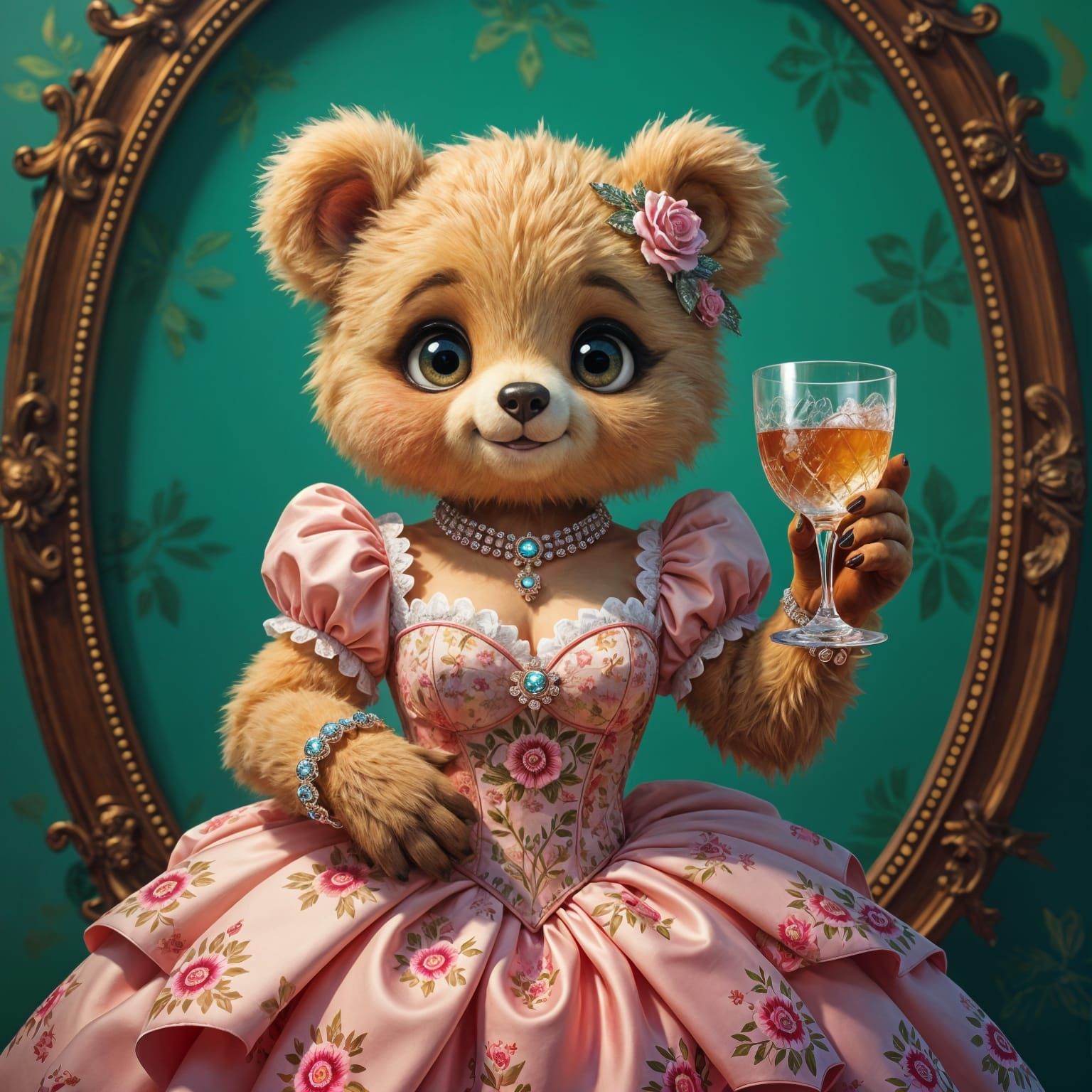 Bear in Cocktail Dress with Gin, Detailed Digital Art