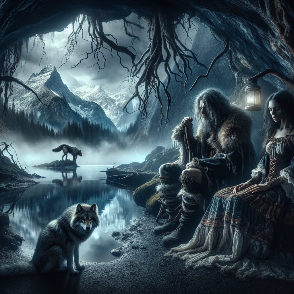Solitary Man and Woman with Wolf in Misty Cave