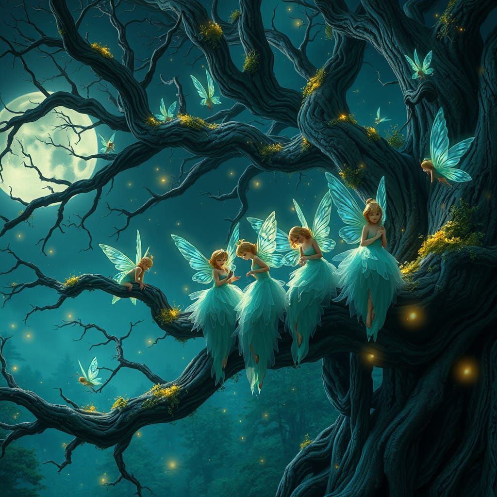 Whimsical Fairies on Ancient Tree in Starry Night Forest