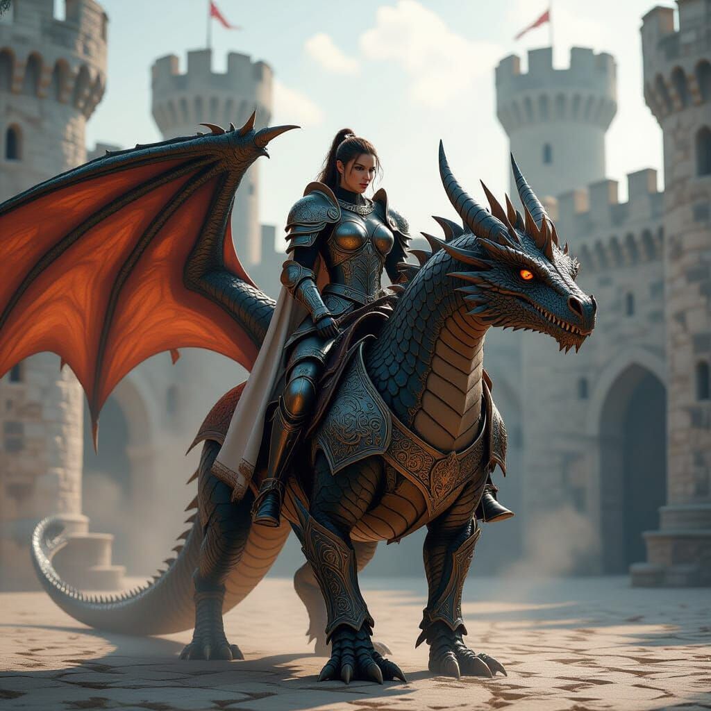 Armored Warrior and Dragon Take Flight in Misty Courtyard