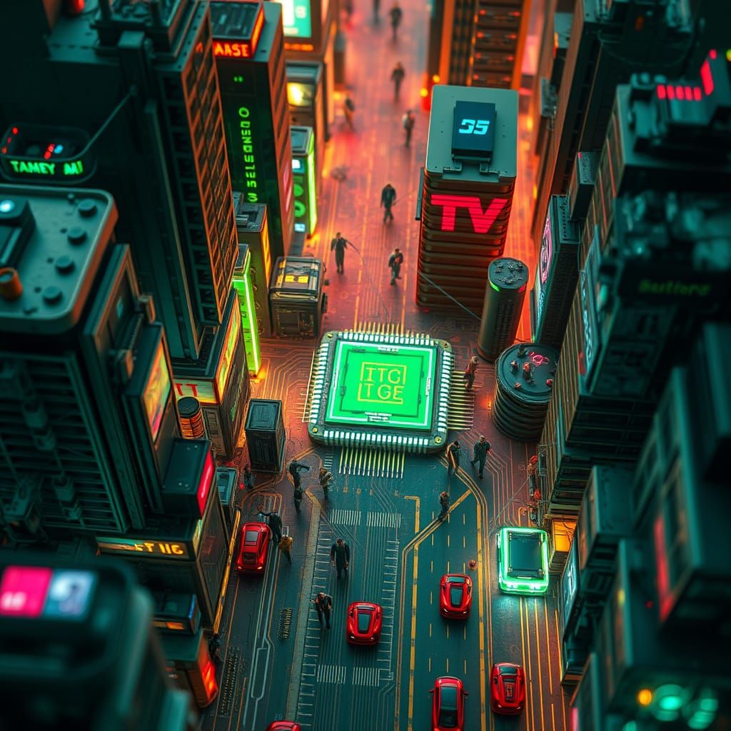 Microscopic Cityscape with CPU Transistors in Neon Noir