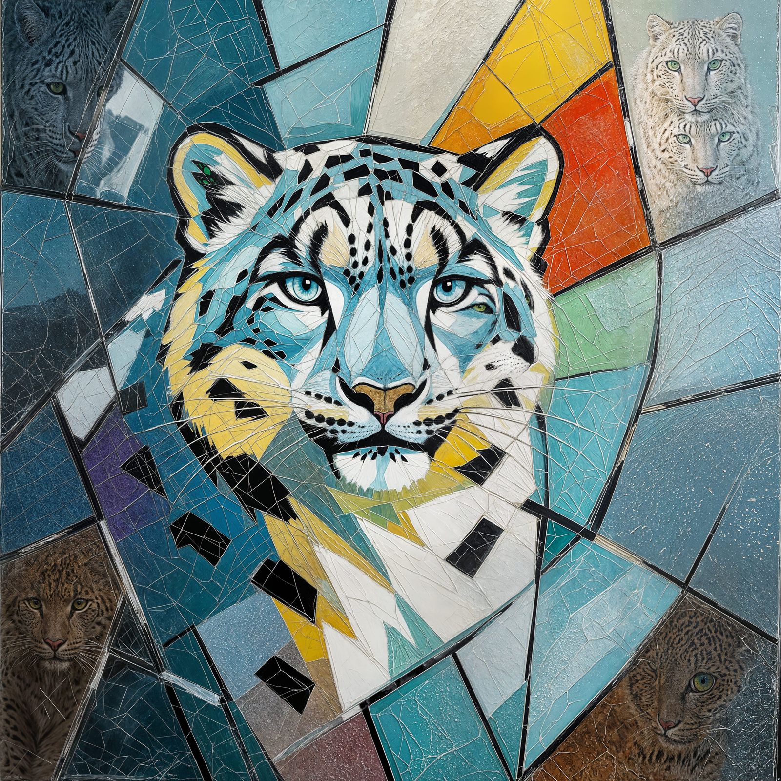 Shattered Glass Snow Leopard in Expressionist Impasto Style
