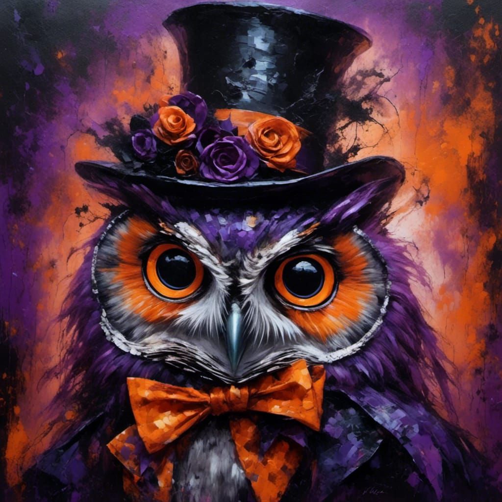 Surreal Halloween Owl Mad Hatter in Oil Paint