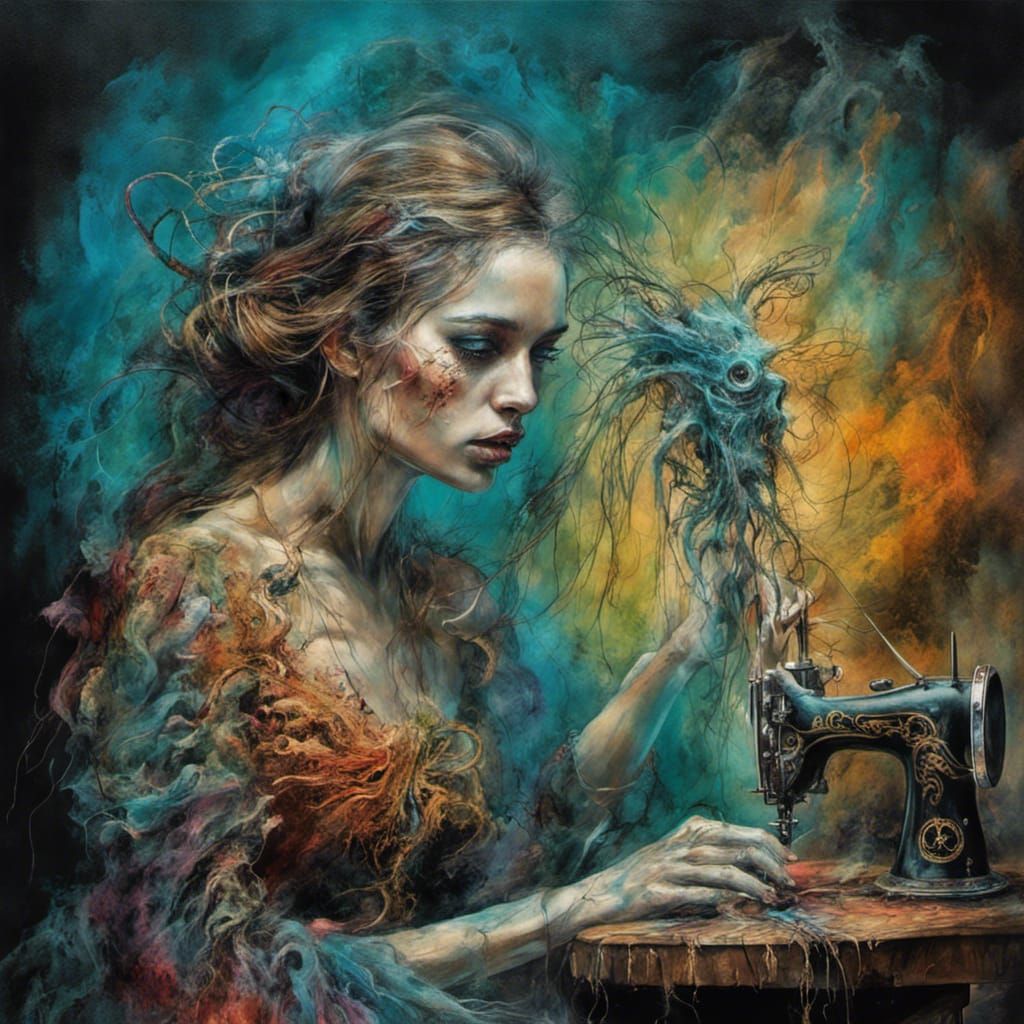 Cursed Tailor Witch in Surreal Dreamscape