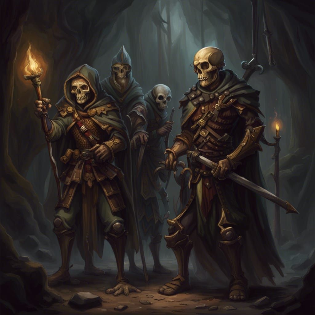 Skeleton D&D Party in Dimly Lit Cave