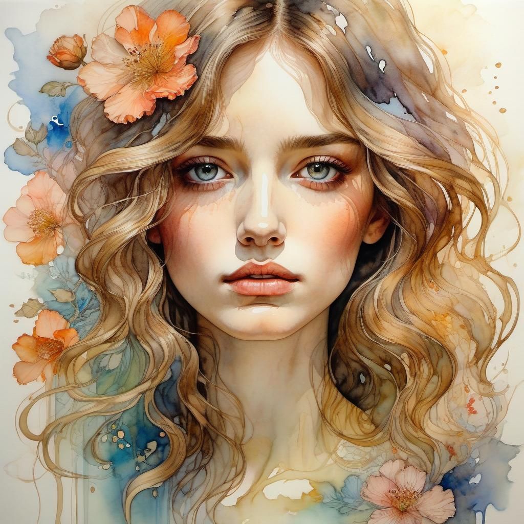 Young Woman in Art Nouveau Alcohol Ink Style