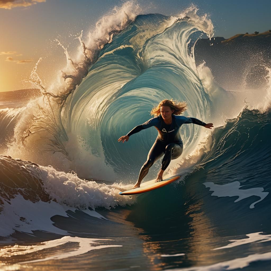 Voluptuous Surfer Rides Wave at Sunset, Art Nouveau Style