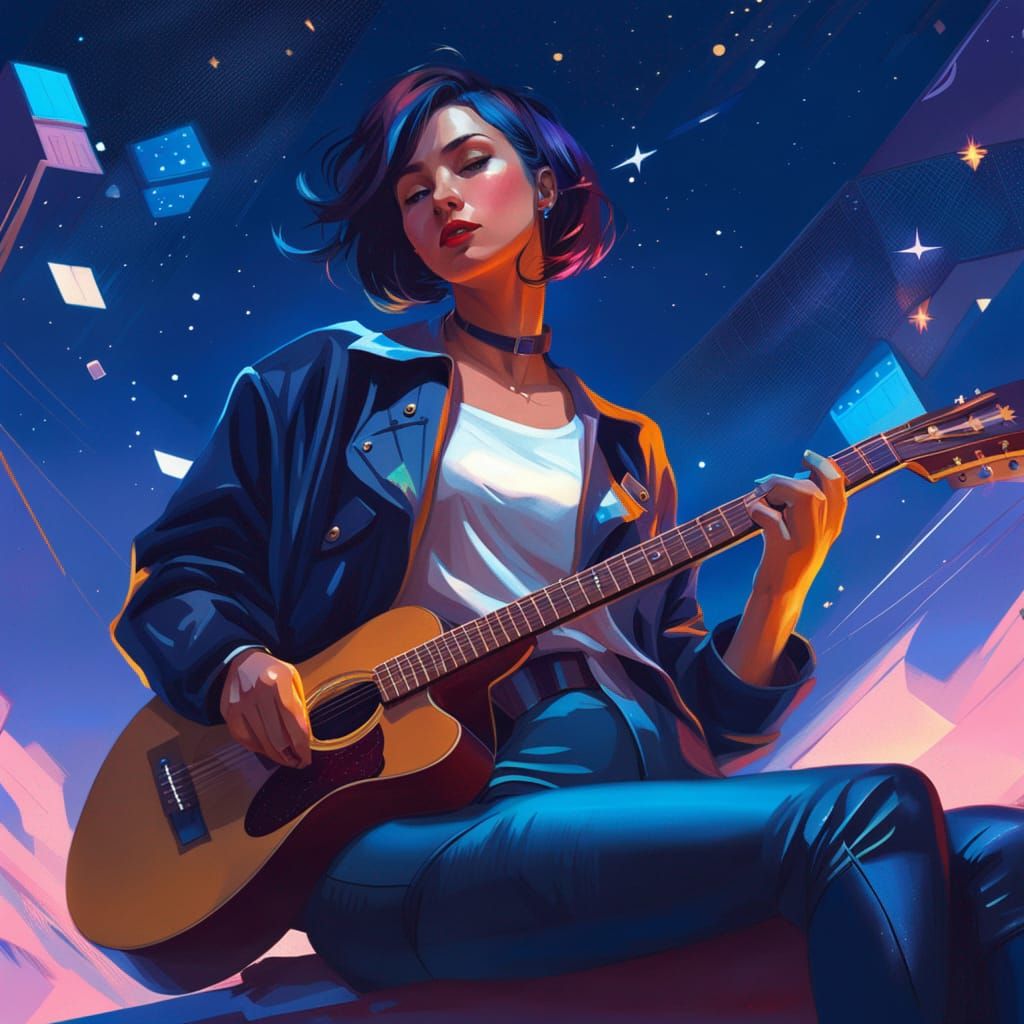 Cyberpunk Woman Guitarist in Starry Night, Fantasy Art