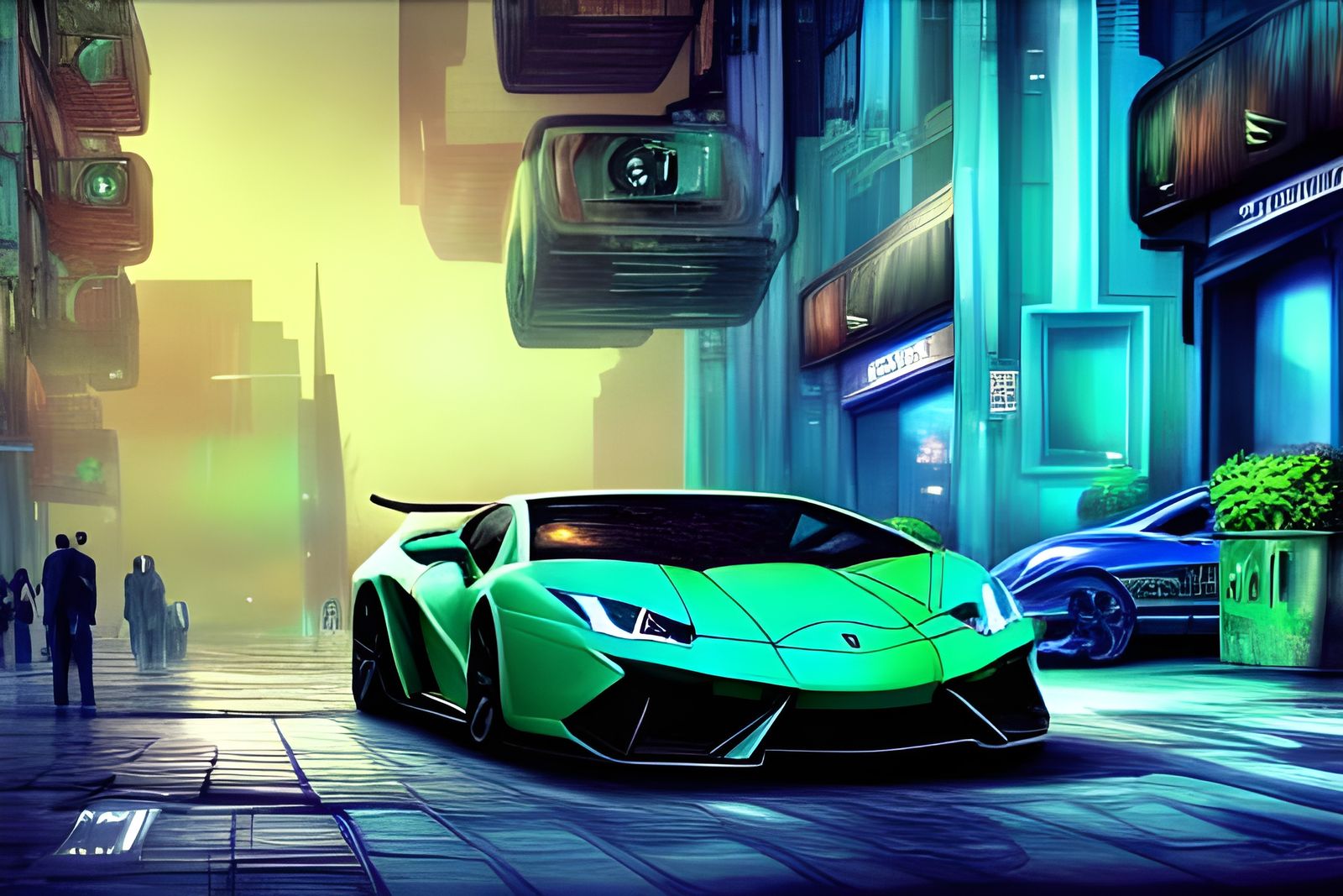 Blue Lamborghini in Dark City: Digital Painting