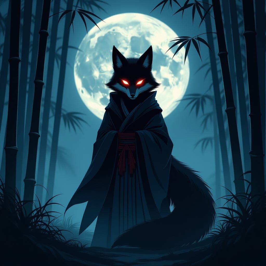 Nine-Tailed Kitsune in Shadowy Bamboo Forest