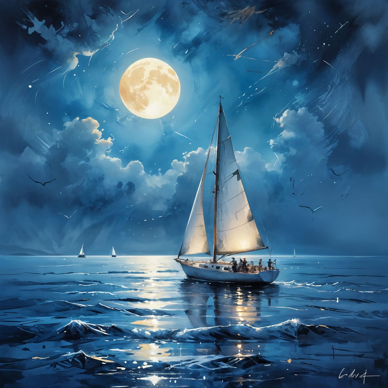 Moonlit Sailboat on Peaceful Sea in Watercolour Style