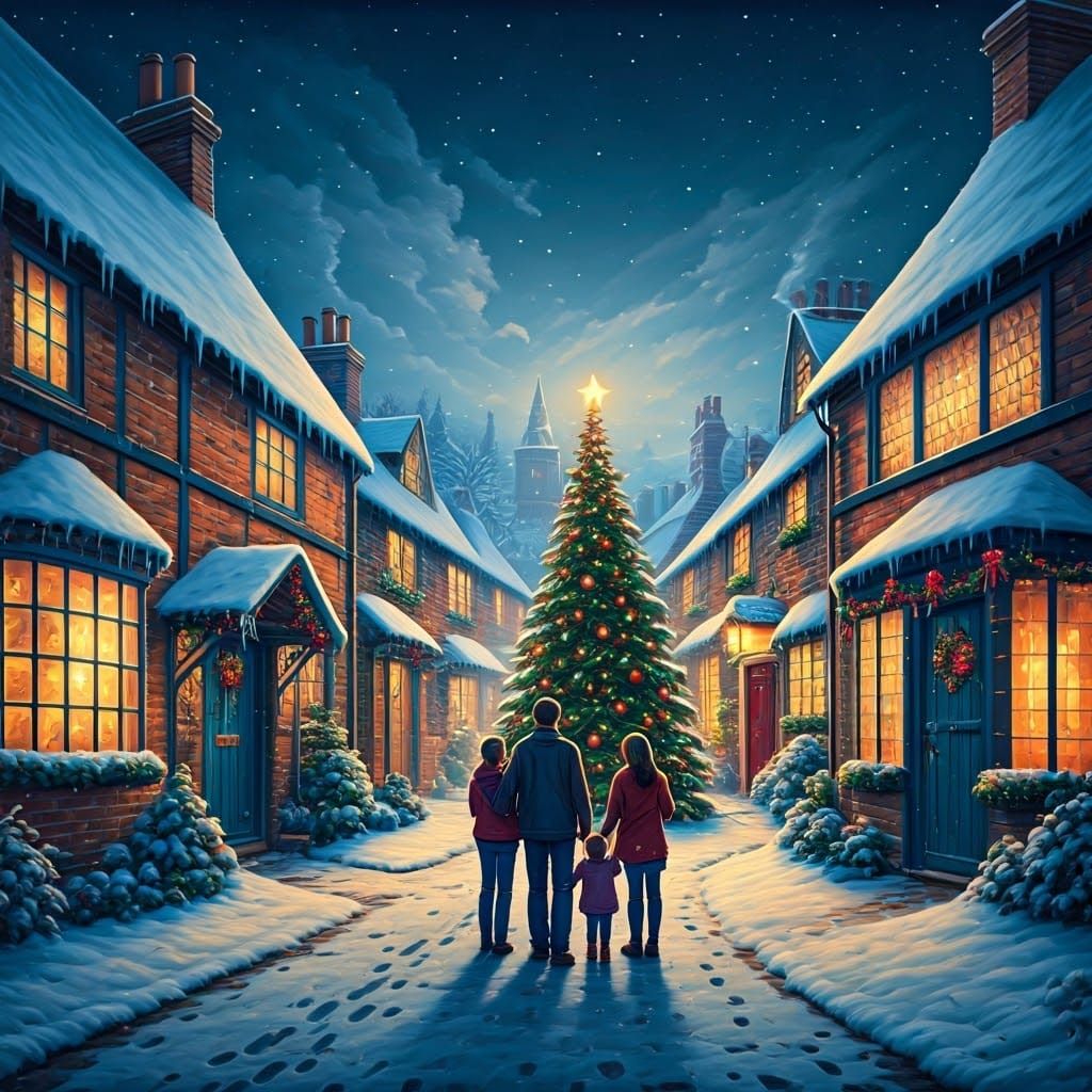 Snowy British Countryside Village Scene in a Whimsical Style