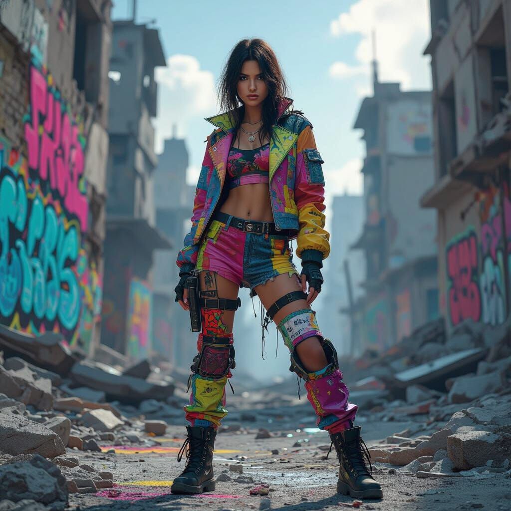 Defiant Woman in Graffiti-Adorned Ruined Cityscape