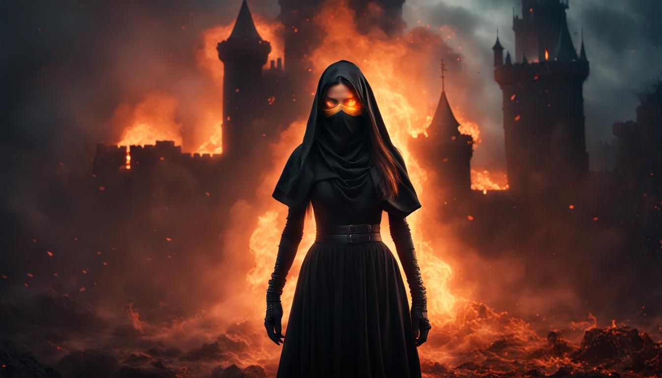Hyper Realistic Beautiful women black outfit Covering her face with black cloth giving with furious look with fire behin...