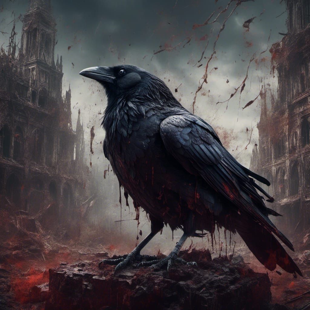 Dramatic Macabre Raven Drawing in Detailed Matte Painting