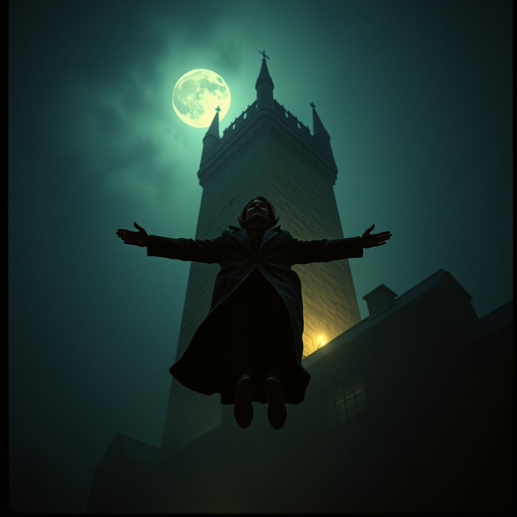 Falling Figure Near Tower in Cinematic Dark Style