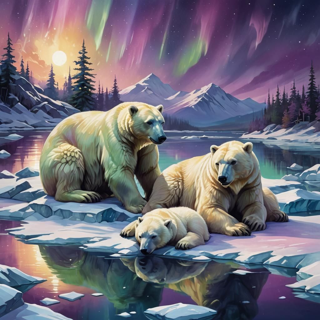 Polar Bears Under Northern Lights: Fantasy Art