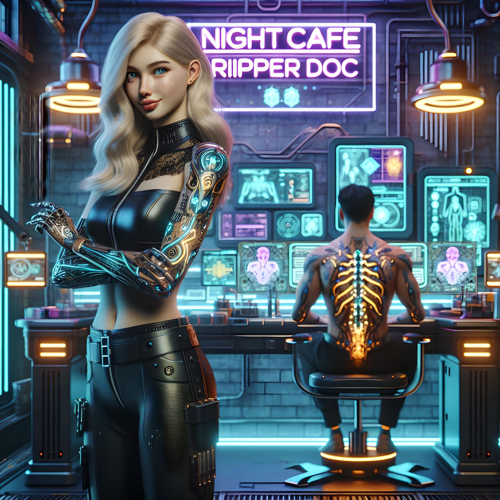 Cyberpunk 2077 ripperdoc on Night City on NightCafe. Young blonde Australian ripperdoc. After Viktor Vektor heart