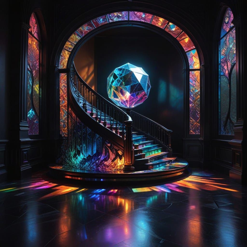 Prismatic Light Through Obsidian Staircase: Digital Art
