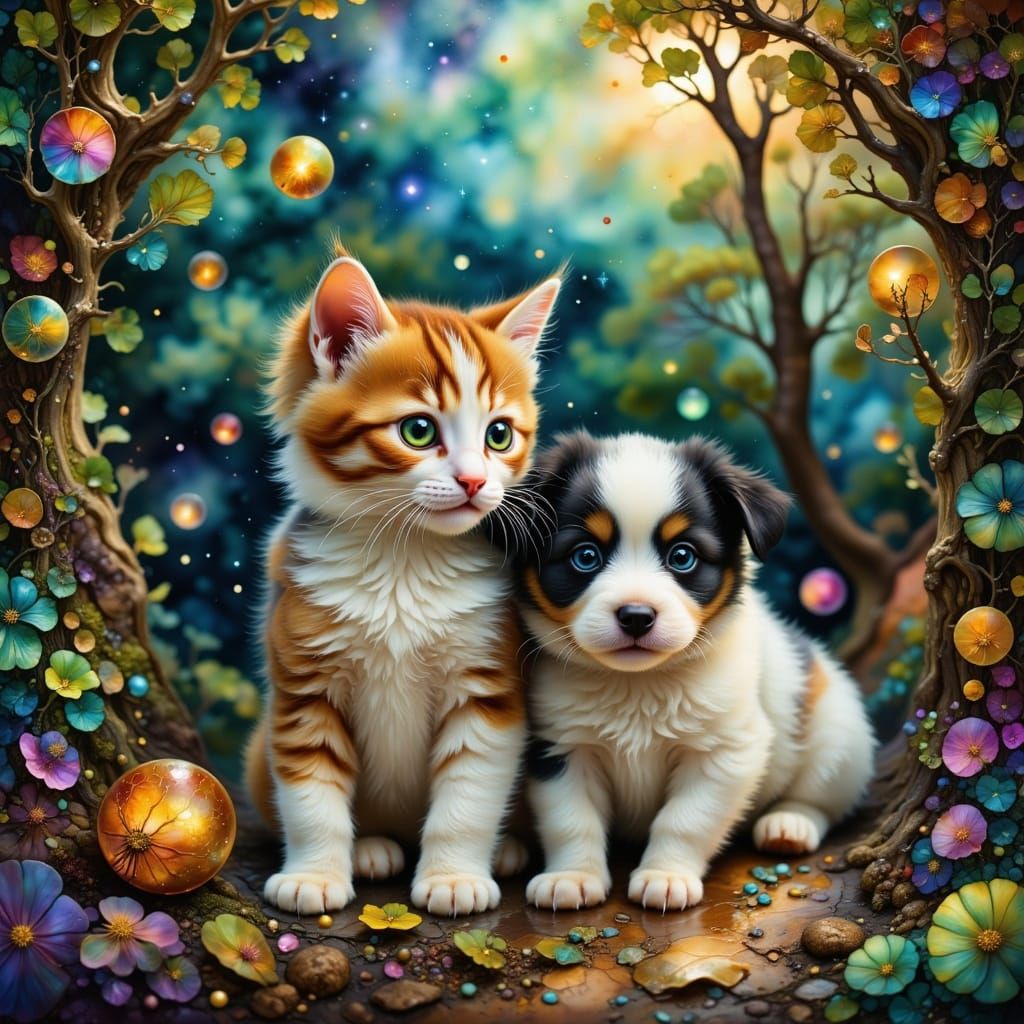Whimsical Calico Kitten and Puppy in Mystical Forest