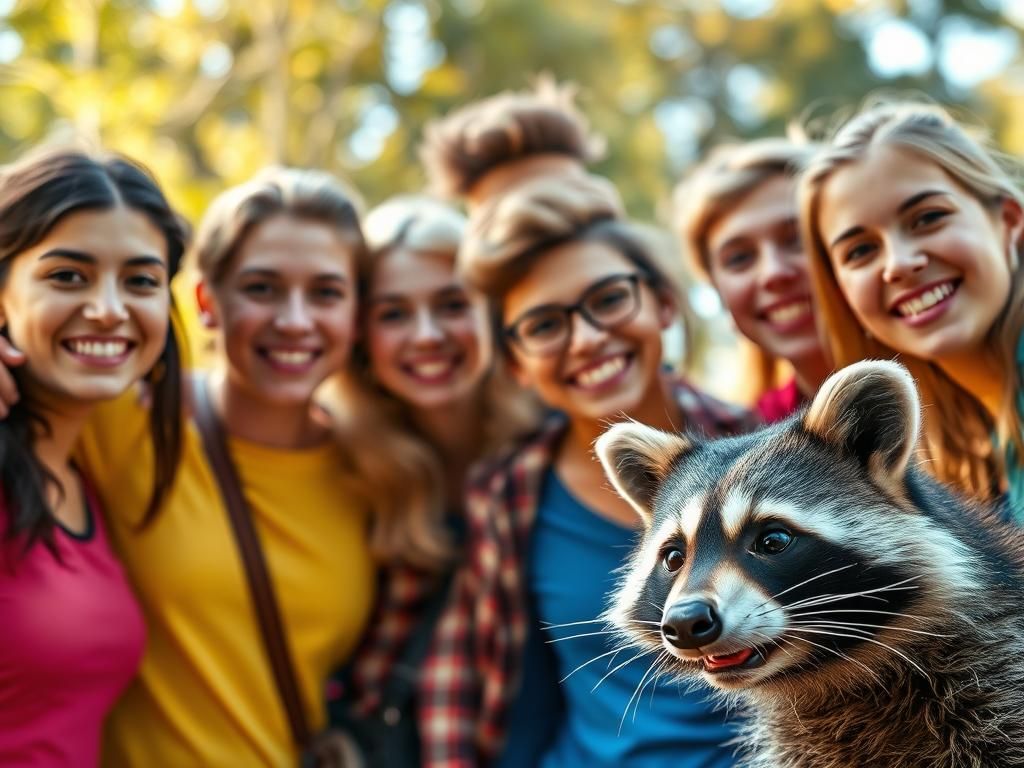 Friends in Vibrant Joy with Mischievous Raccoon