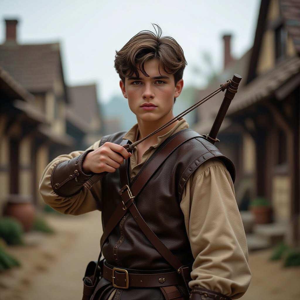 Wimpy Teen Boy in Medieval Clothes with Slingshot