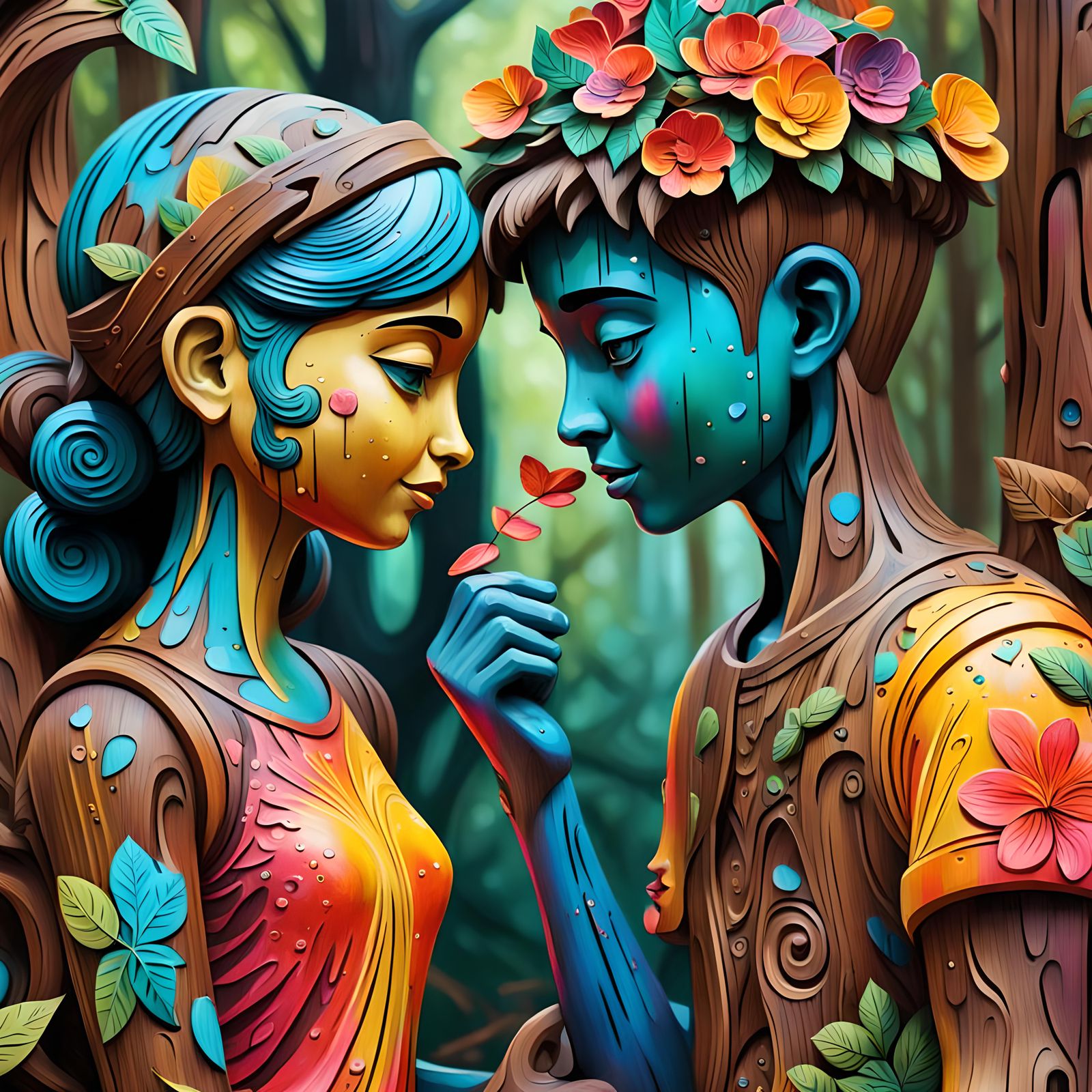 Wooden Statue Couple Flirting in Forest Graffiti Art