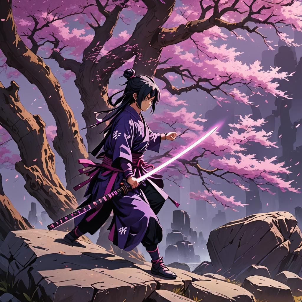 Katana in Stone Under Pink Tree: Anime Art