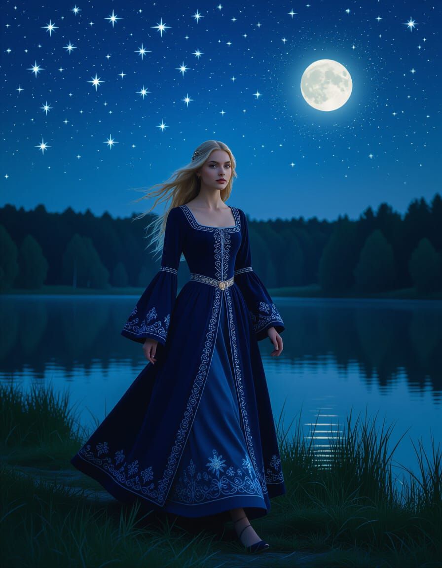 Medieval Maiden by Moonlit Lake