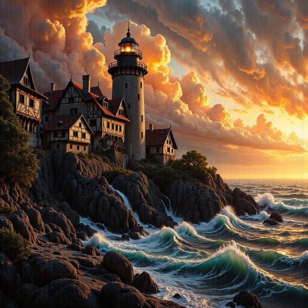 Medieval Seaport at Sunrise with Lighthouse