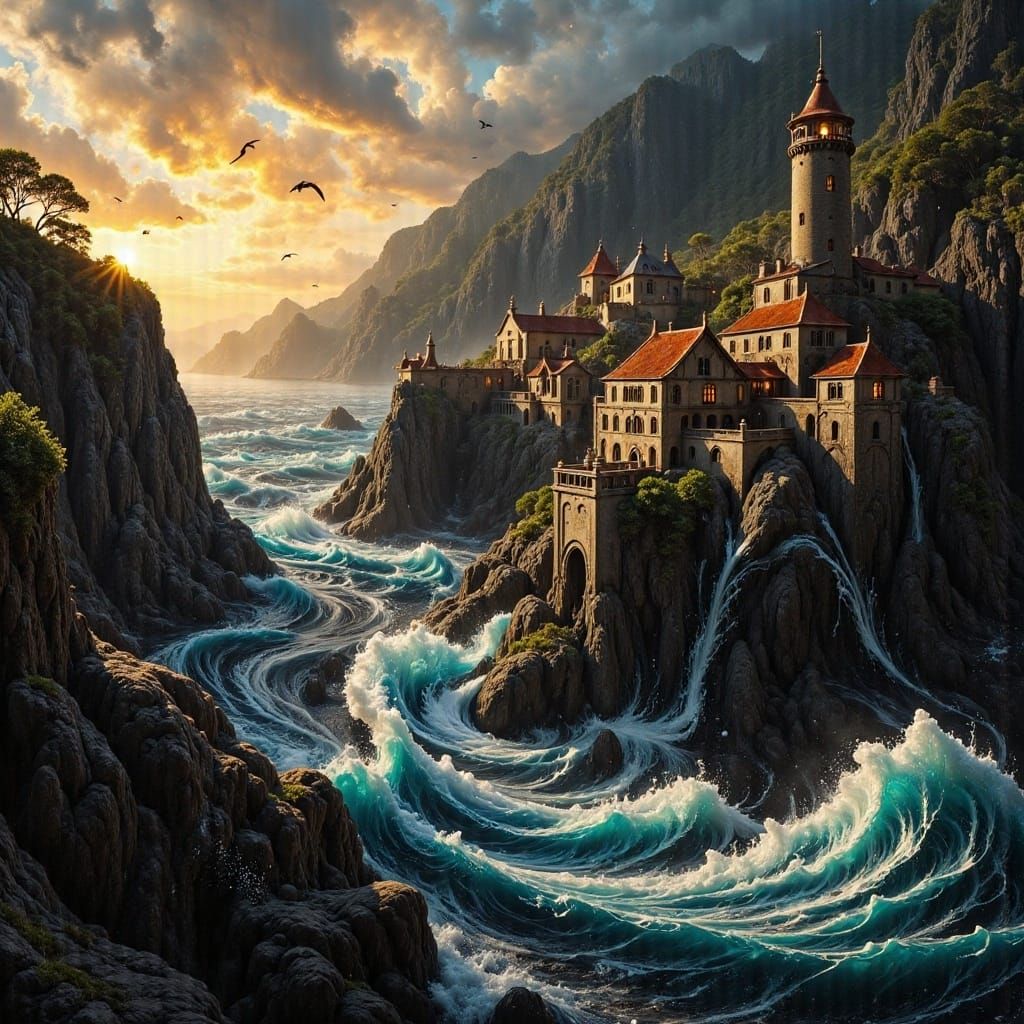 Medieval Seaport at Sunrise with Lighthouse