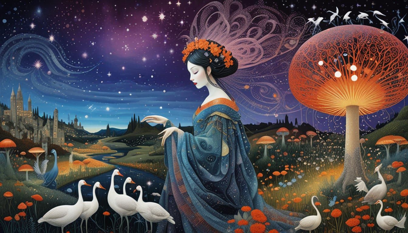 Ethereal Woman Transforms into Birds Amidst Cosmic Energy