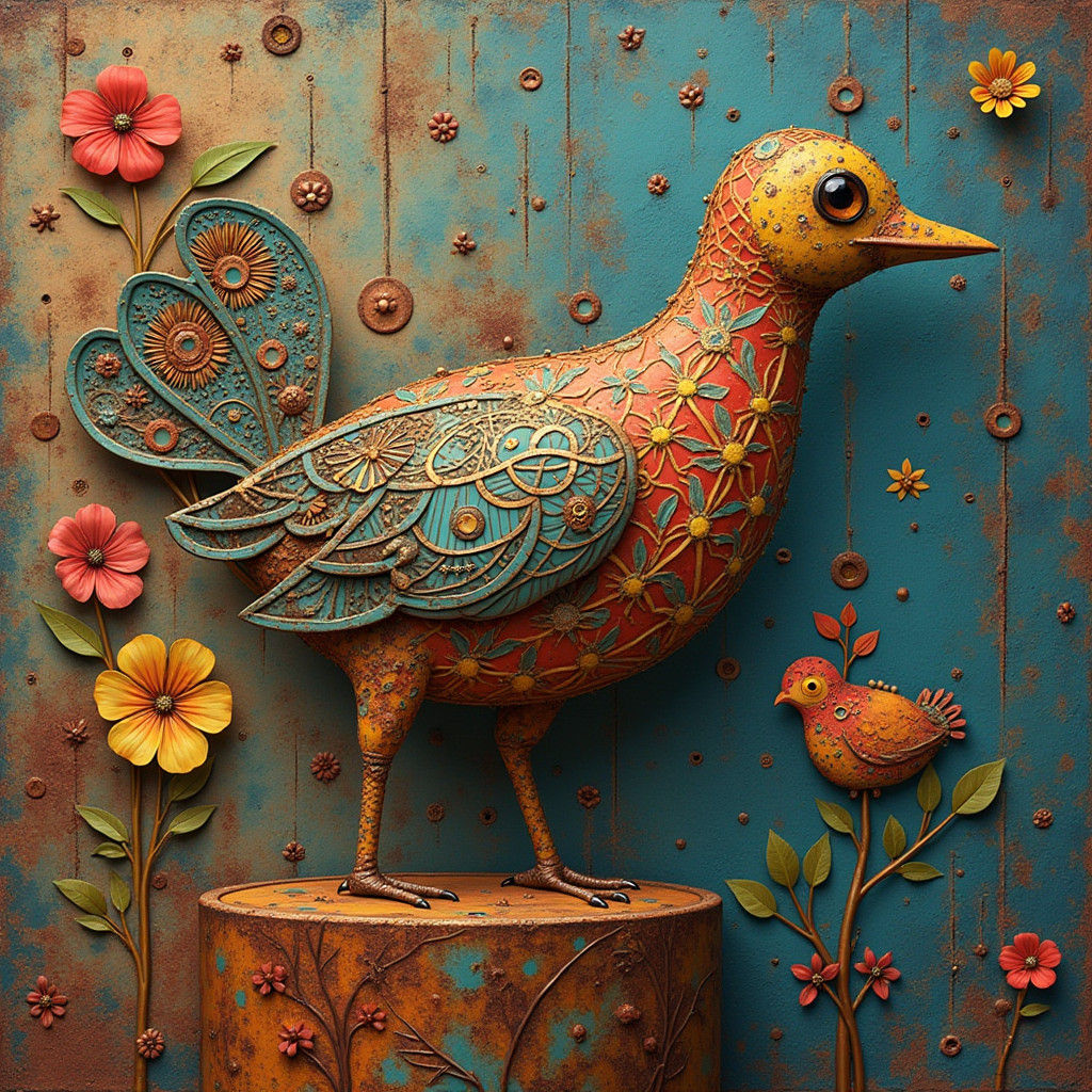 Whimsical Metal Bird in Pointillism Style