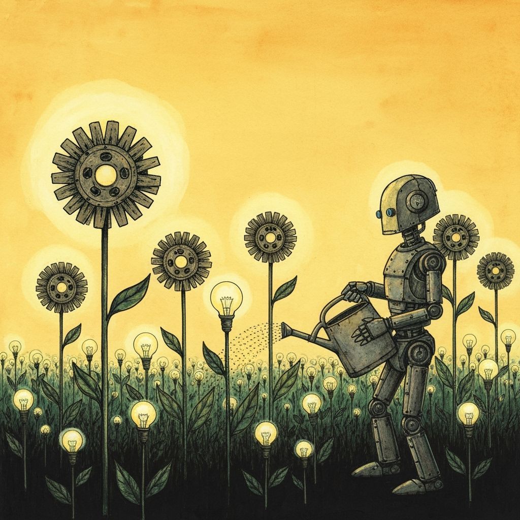 Robot Gardener Tending Metal Flowers at Golden Hour
