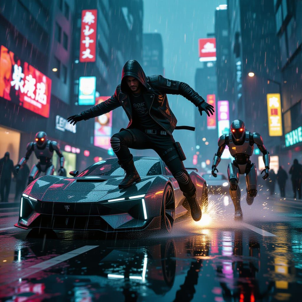 Cyberpunk Fugitive's Desperate Escape in Sci-Fi City