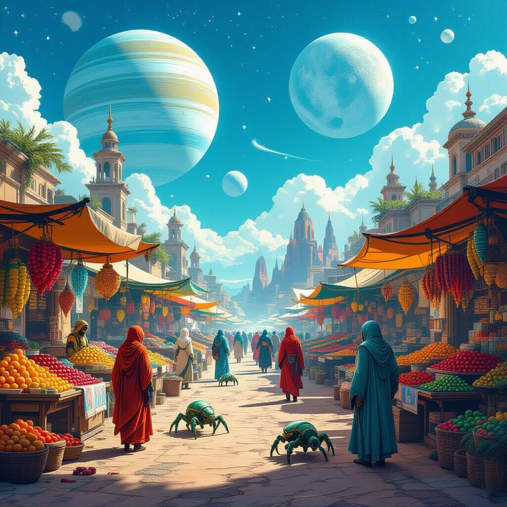 Alien Marketplace with Two Moons and Exotic Goods