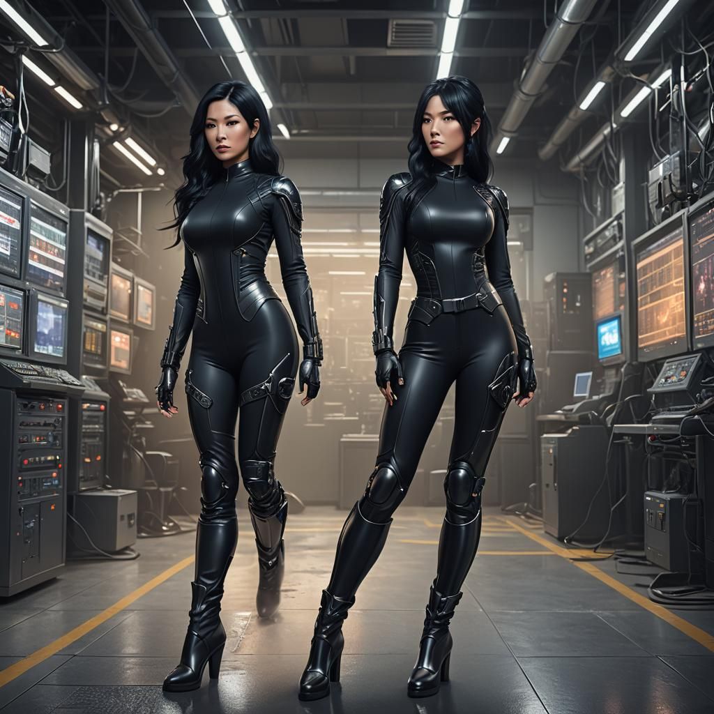 Woman in Catsuit in Network Room: Digital Art