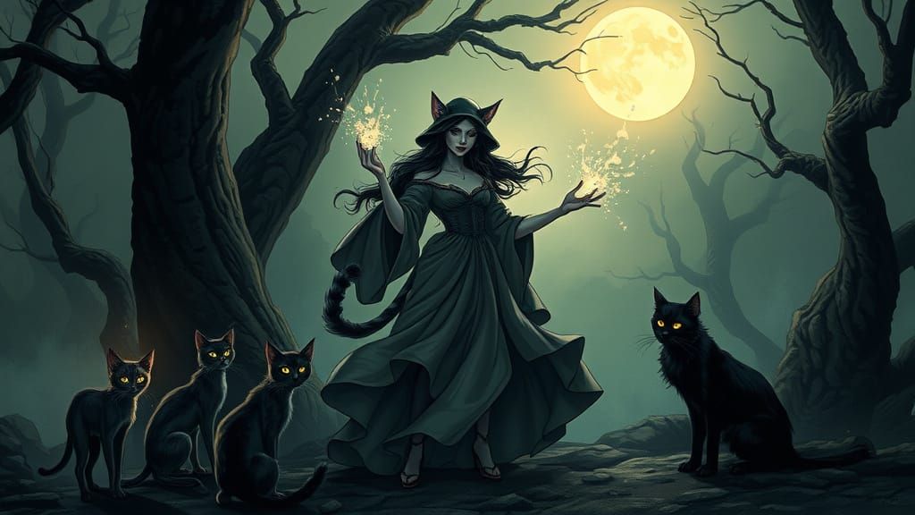 Mysterious Cat Witch Casting Spells in Moonlit Forest