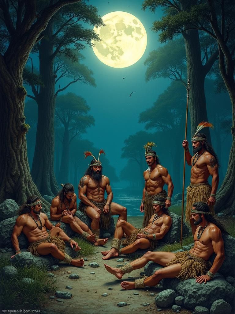 Tribal Warriors in Moonlit Forest, Blended Art Styles