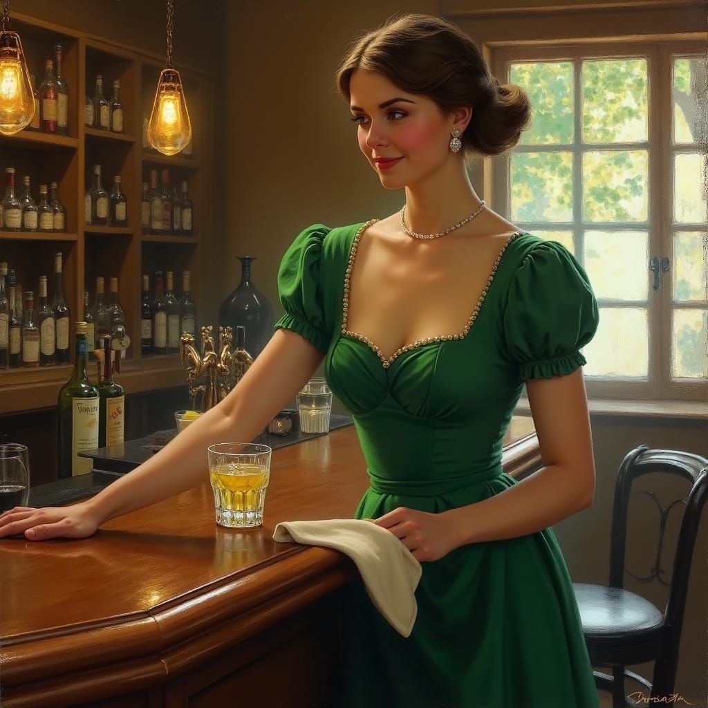 Alluring Barmaid in Emerald Dress, Oil Painting Style
