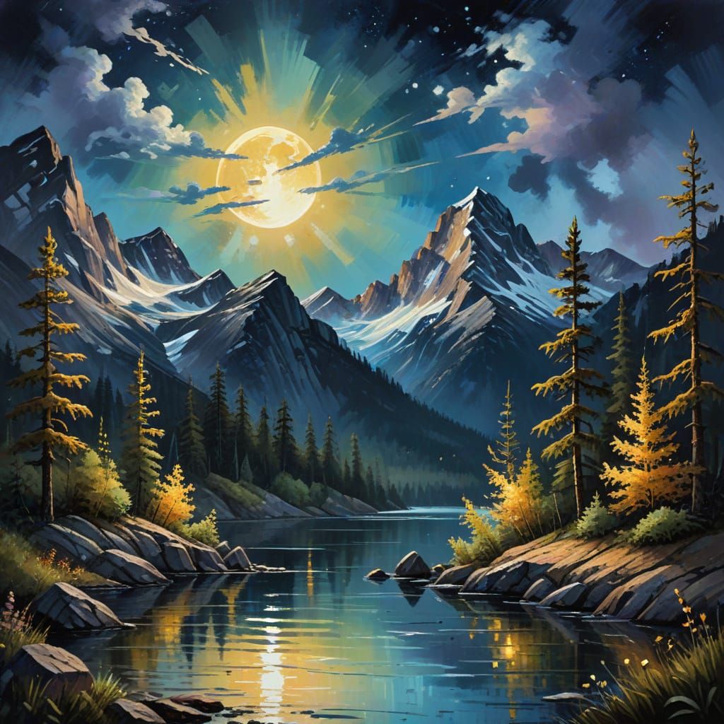 Moonlit Landscape: Impressionist Gouache Painting