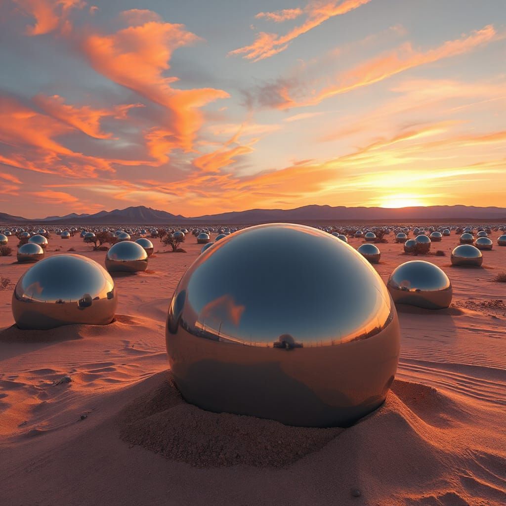 Surreal Desert Landscape with Chrome Spheres at Sunrise