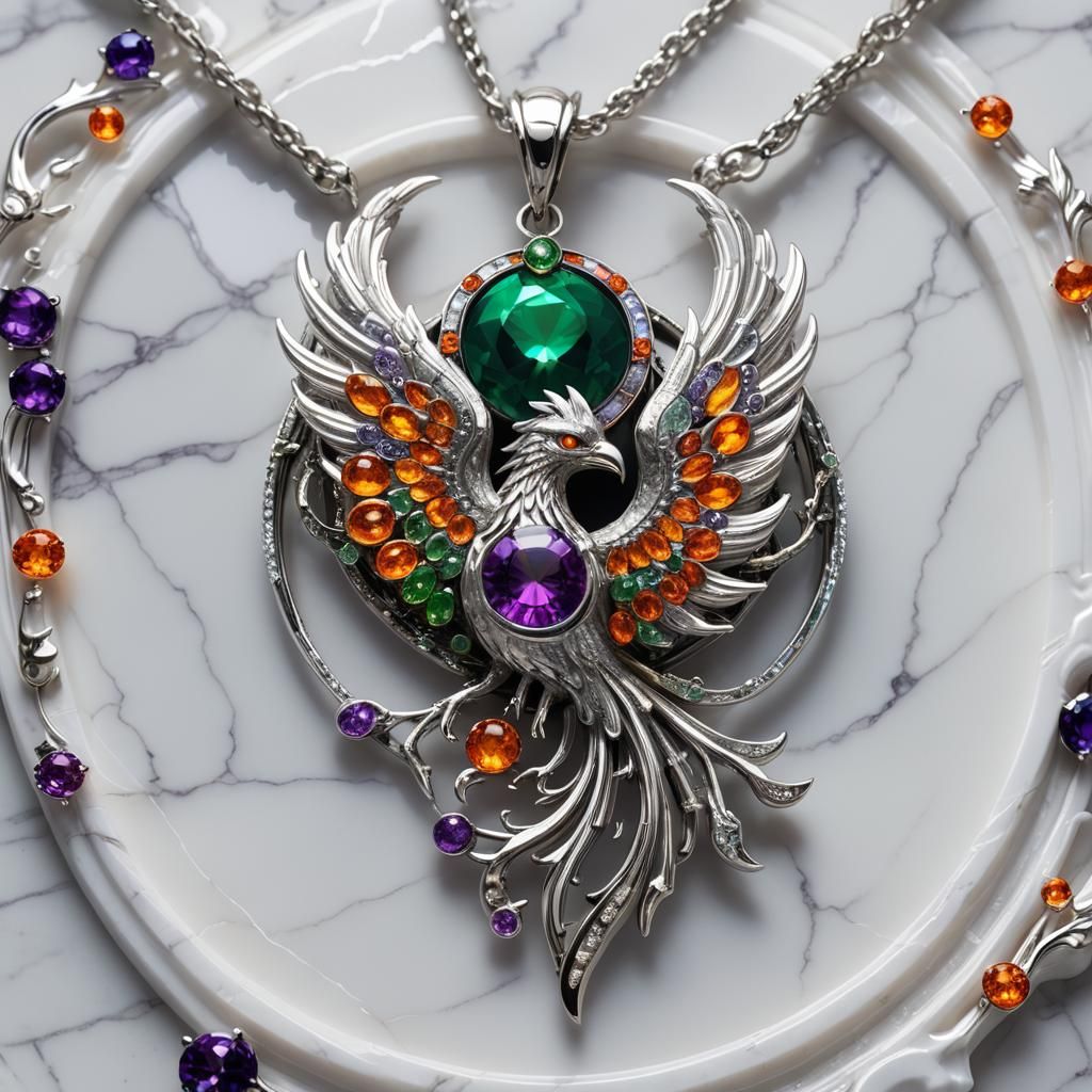 Ornate Phoenix Pendant with Gemstones, Fantasy Art