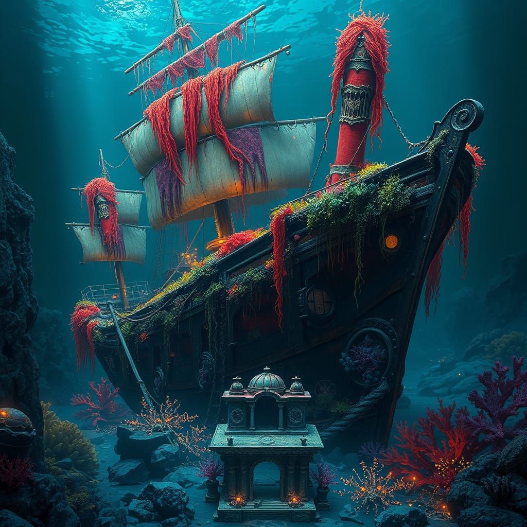 Ancient Sunken Ship in Vibrant, Glowing Marine Ecosystem