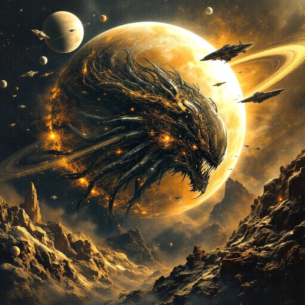 Biomechanical Cyborg Xenomorph Predator Amidst Cosmic Gas Pl...