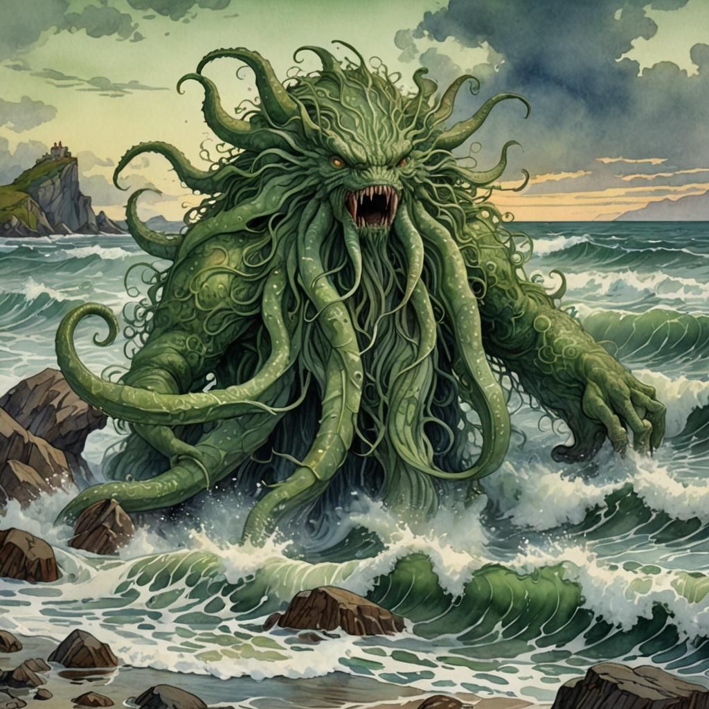 Giant Sea Monster on Rocky Beach, Art Nouveau Watercolor