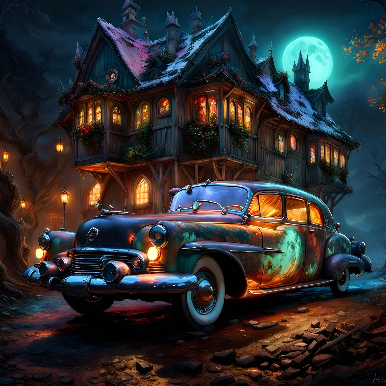 Eerie Ghost Car in Haunted Village: Fantasycore Art