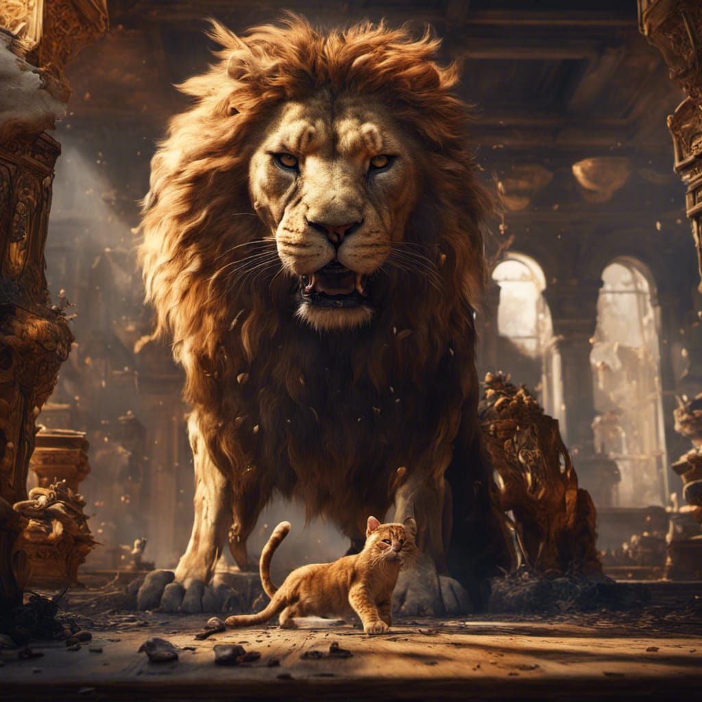 Brave Cat Confronts Lion: A Matte Painting