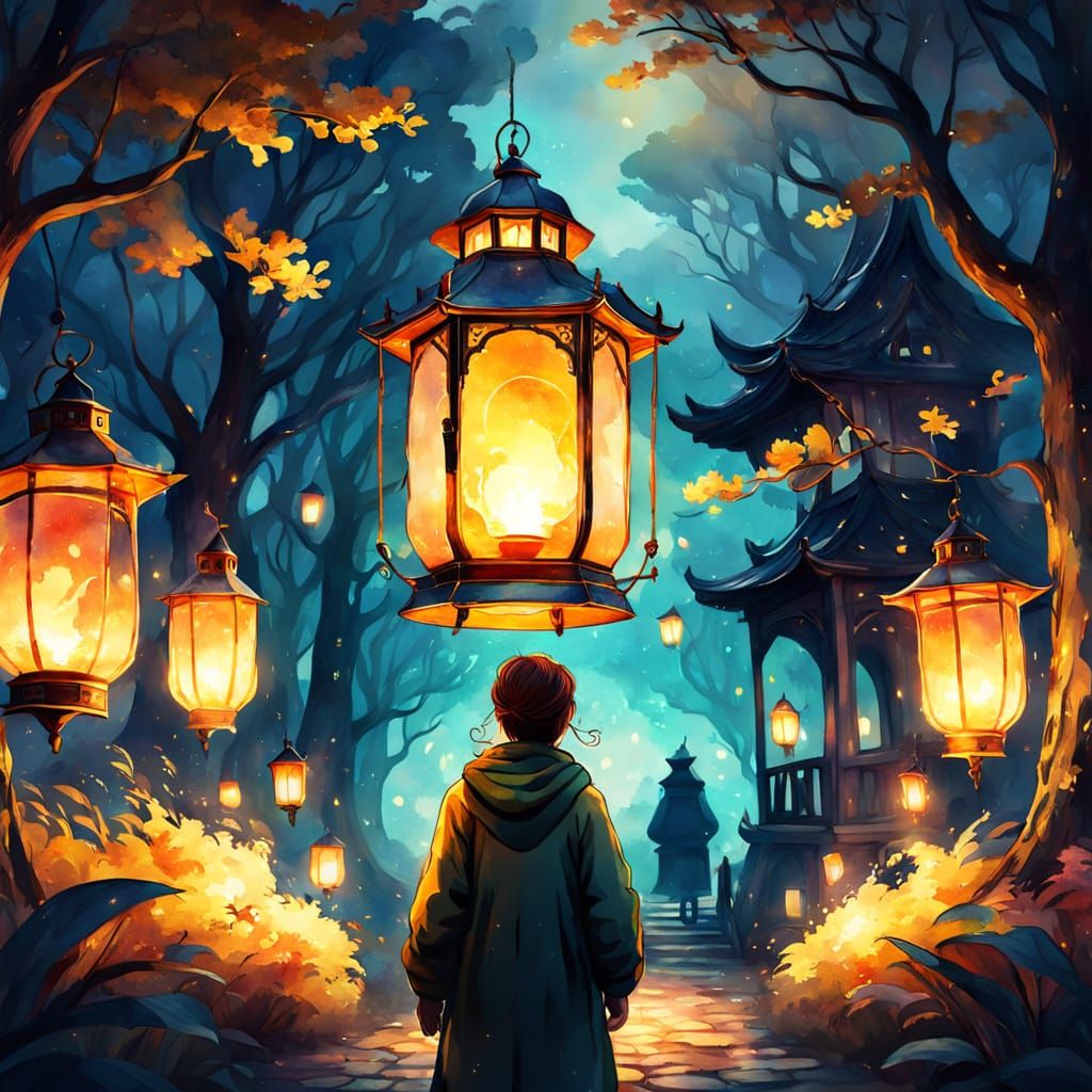 Cozy Fantasy World Inside Lantern, Watercolor Artwork